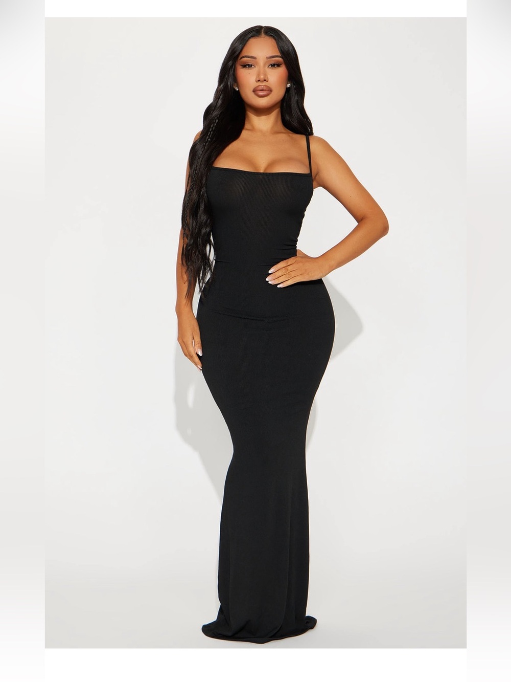 Fashion Nova Black Ribbed Bodycon Maxi Dress with Spaghetti Straps